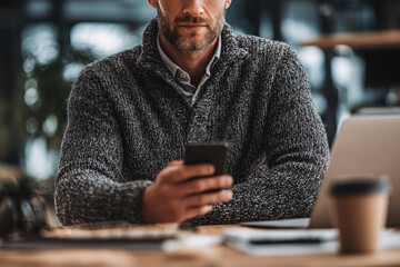 Stylish bearded man in a sweater intently uses his mobile phone at a modern workspace. A laptop and coffee cup are nearby, perfect for digital communication.