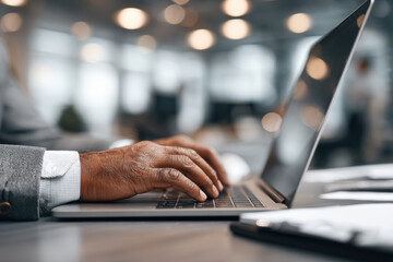 Close-up of a man's hands typing on a laptop keyboard in a modern office setting. Captures productivity, technology, and remote work. Blurred professional background.