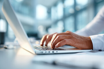 Obraz premium Close-up of person's hands typing on laptop keyboard. Professional working efficiently in modern office, engaged in business communication, productivity, and digital tasks.