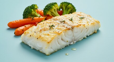Baked cod fillet with roasted vegetables on pastel blue background in minimal plating