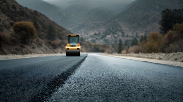 A yellow road roller compacts freshly laid asphalt on a rural highway with mountains in the background under an overcast sky