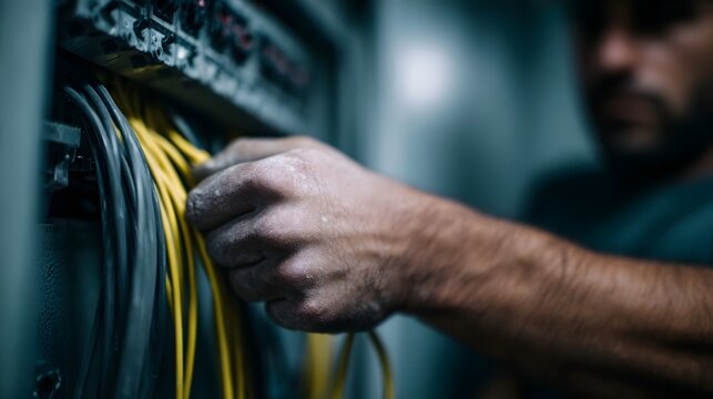 Technician s hands connecting yellow and grey network cables inside a server rack emphasizing complex IT infrastructure