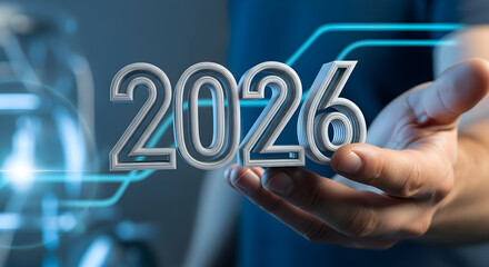 Hand Holding 2026 – Futuristic New Year Concept of Hope, Success, and Innovation