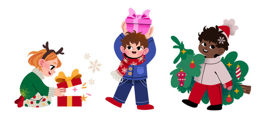 Cute children celebrating Christmas, kids with gifts and Christmas tree, festive winter holiday illustration for greeting cards, stickers, posters and seasonal design.