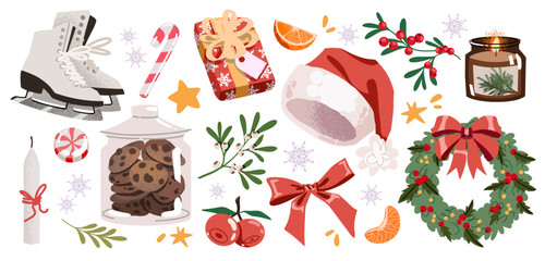 Christmas new year cozy stickers collection. Winter holiday printable elements. Vector illustration in hand drawn cartoon flat style