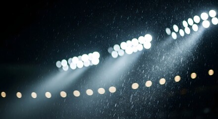 Atmospheric view of bright stadium floodlights illuminating falling rain against the dark night sky, creating a dramatic sports background