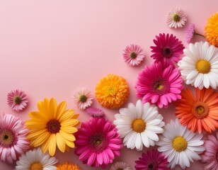 colorful assorted daisies on a soft pink background