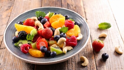colorful fresh fruit salad with berries cashews and citrus garnish
