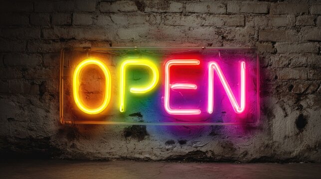 Bright neon "OPEN" sign against aged brick wall, inviting and vibrant