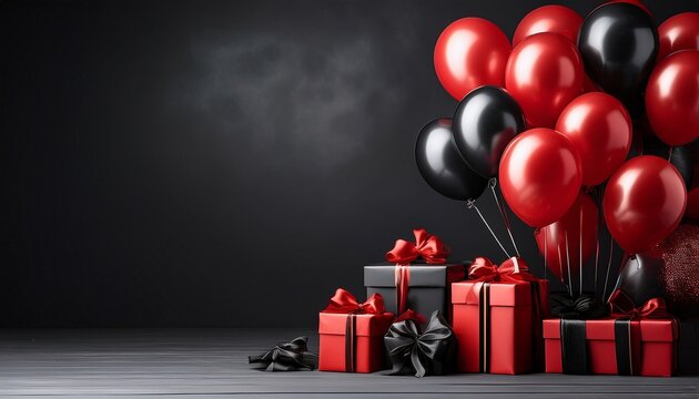 red and black balloons and gift boxes with bows on dark background