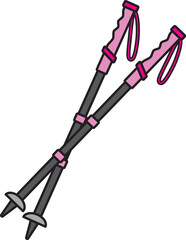 Hiking trekking poles Pink color icon.