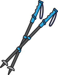 Hiking trekking poles blue color icon.