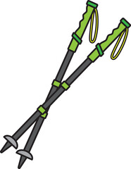 Hiking trekking poles green color icon.