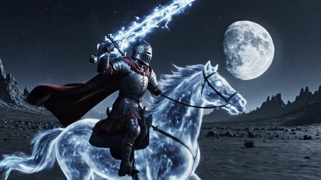Ghostly knight riding spectral horse with glowing sword under moonlight adventure