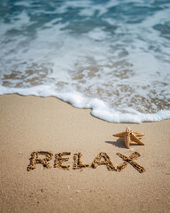 Fototapeta premium “Relax” is written in the sand beside a starfish as waves gently roll onto the shore.