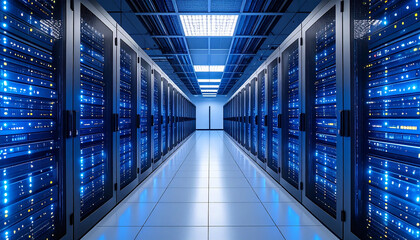 Data center server room with rows of network equipment and blue lights