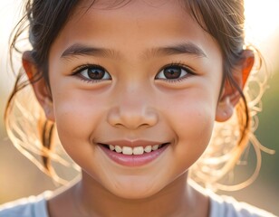 Close-up shot of smiling young girl with radiant sunlight