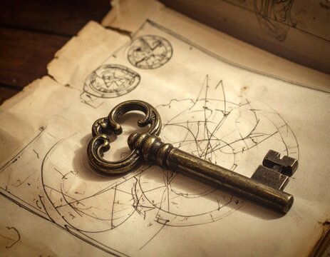 Vintage key rests on ancient papers with intricate drawings and diagrams Generative AI