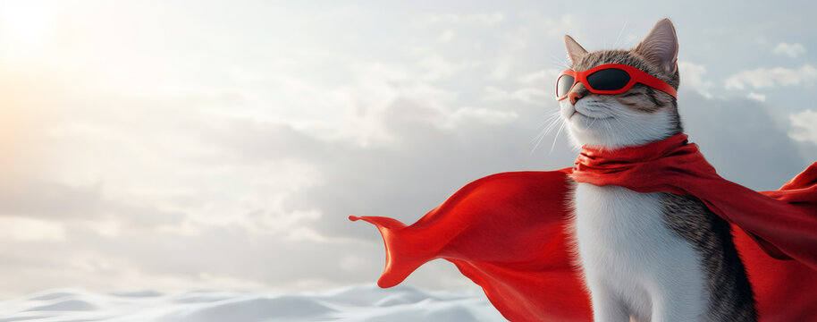Cat wearing red glasses and a red cape like a superhero, standing in a snowy landscape. Concept of strength, courage, and being a champion for any pet related project.
