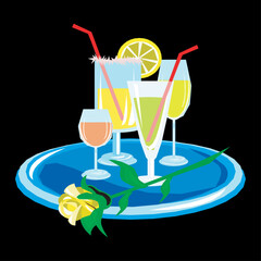 A tray of colorful cocktails with a yellow rose, perfect for a celebratory toast or a refreshing summer drink