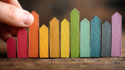 Hand places one of multiple colorful bars showing growth on wood