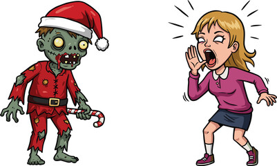 Cartoon zombie Santa outfit, Christmas horror character, blonde woman screaming, festive contrast, holiday humor, candy cane, funny illustration, quirky celebration art