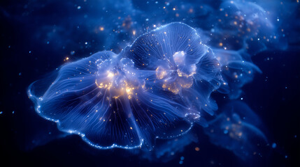 Jellyfish glowing in Antarctic sea under ice ceiling, bioluminescence in polar ocean antarctica, jellyfish, underwater, bioluminescent, ice, marine life, glowing, deep sea, cold wa