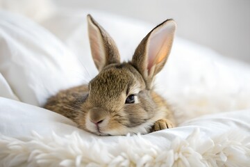 Adorable fluffy brown rabbit resting peacefully on soft white blankets and pillows indoors