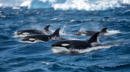 Pod of orcas swimming near Antarctic icebergs in deep blue water orcas, killer whales, antarctica, underwater, icebergs, marine mammals, wildlife, cold ocean, realistic, nature