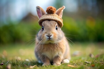 Adorable fluffy rabbit wearing a cute knitted hat in a grassy field