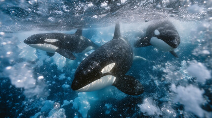 Fototapeta premium Pod of orcas swimming near Antarctic icebergs in deep blue water orcas, killer whales, antarctica, underwater, icebergs, marine mammals, wildlife, cold ocean, realistic, nature