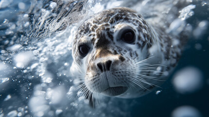 Obraz premium Leopard seal underwater portrait, bubbles and sunlight in background seal, leopard, antarctica, underwater, portrait, marine mammal, cold, realistic, nature, wildlife
