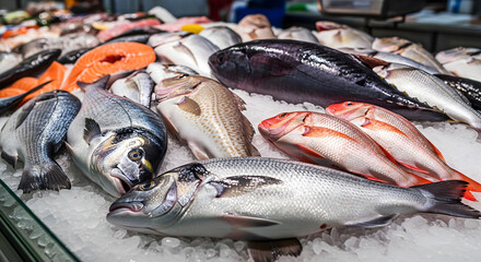 Variety of fresh raw fish displayed on crushed ice at a market