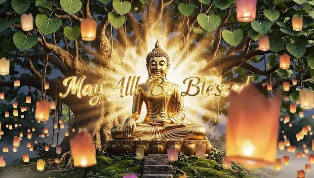 Peaceful golden Buddha under Bodhi tree with floating lanterns and glowing May All Be Blessed message, symbolizing blessings and spiritual harmony.
