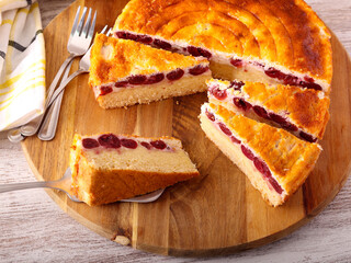 Cherry and cheese cake, sliced