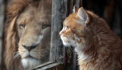 Obraz premium cat watches its reflection in a mirror, a reflection of a lion