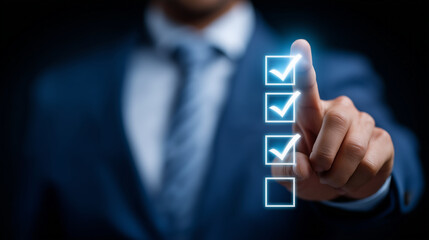 Businessman touching holographic progress bar with glowing checkboxes, concept of project development, task management, and workflow tracking in modern digital interface progress t