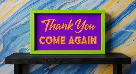 Charming thank you sign encourages repeat visits for shops and restaurants, boosting customer loyalty with inviting purple and gold display