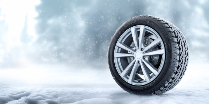 Winter tire with deep tread standing on snowy ground, concept of car safety and preparation for cold weather conditions.