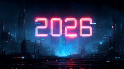 2D digital illustration of glowing "2026" numbers made of neon tubes, hovering above a futuristic city, cyberpunk color tones of blue and pink light reflections