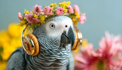 Fototapeta premium Parrot with gold headphones and flower crown enjoys music in bright studio setting