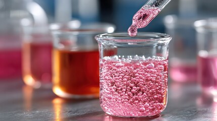 Pink liquid drips into clear beaker, forming bubbles, other beakers nearby