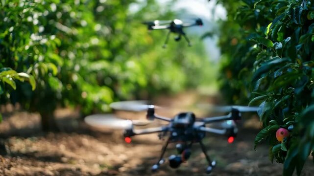 Medium shot of drones emitting ultrasonic waves to scare away pests from fruit orchards demonstrating noninvasive pest deterrence methods.