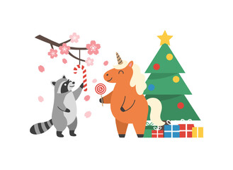 Red fire horses symbolize Chinese New Year while a horse adorned with a Christmas tree represents the Year of the Horse