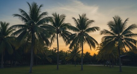 Fototapeta premium Silhouetted palm trees stand against a vibrant sunset sky.