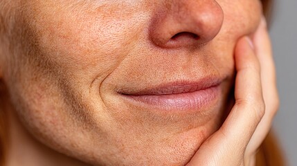Obraz premium Smiling woman's face freckled skin, wrinkles near mouth, resting hand