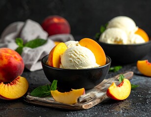Creamy scoops of ice cream with peach slices, arranged in bowls