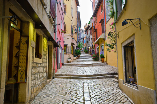 Explore colorful European street in Rovinj Croatia