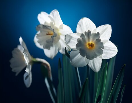 white jonquil hybrid flowers on soft dark blue background with mood lighting creating a silhouette effect
