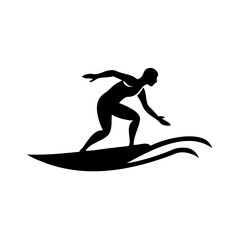 Silhouette of a surfer riding a wave on a surfboard in black and white minimal vector illustration